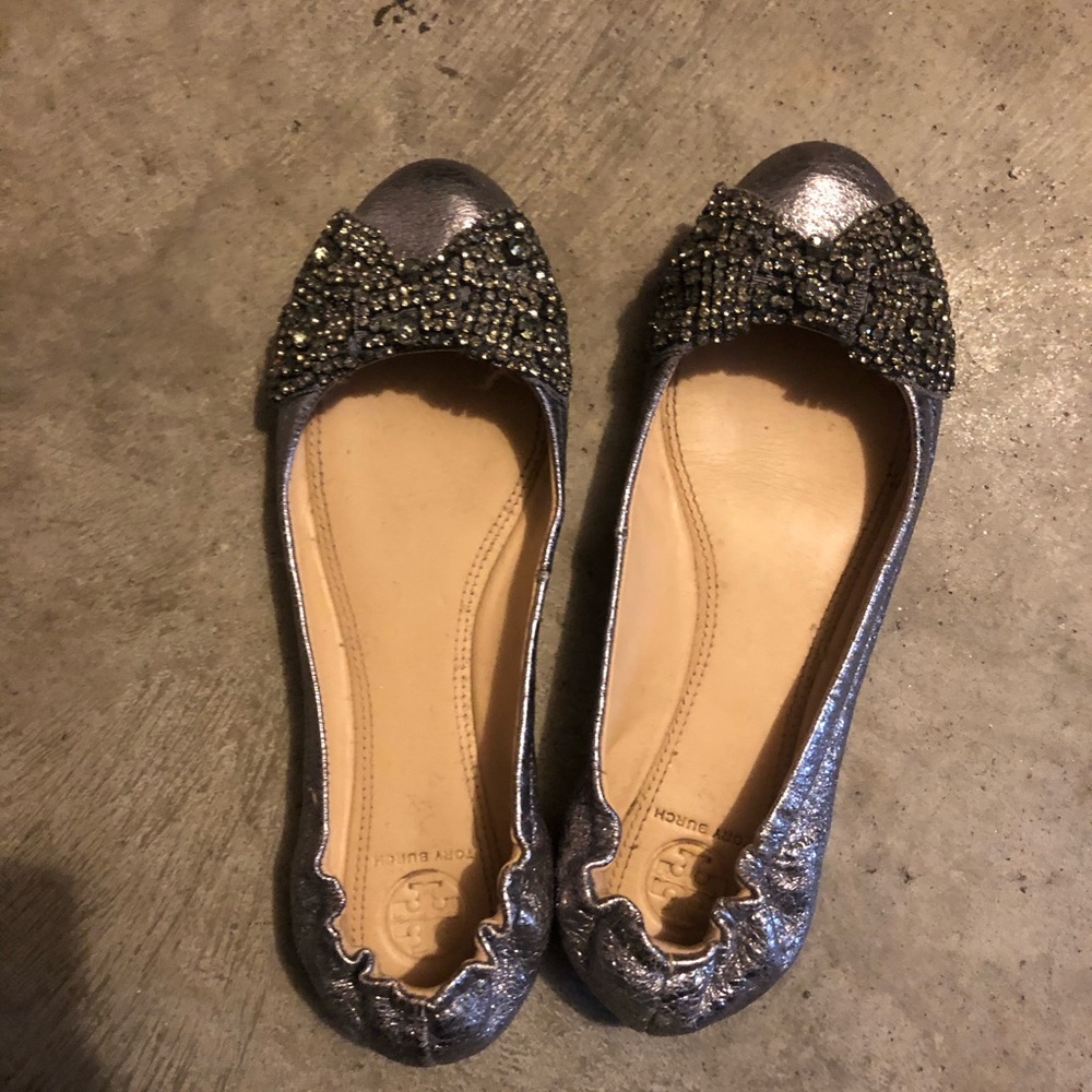 Tory burch silver ribbon ballet flats 6.5